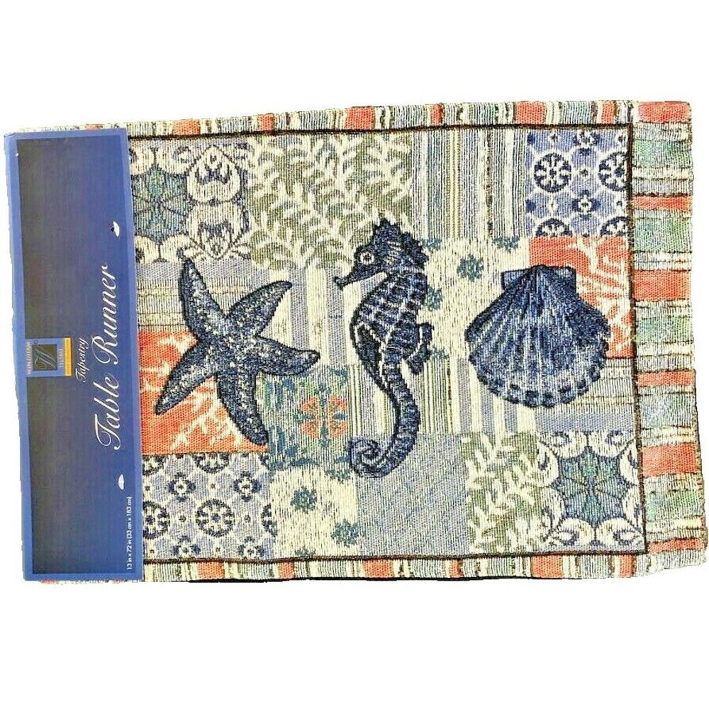 Nautical Shells Seahorse Starfish Table Runner Tapestry Beach Summer 13x72"